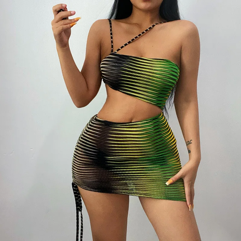 

2022 New Arrivals Mesh Bodyocn Dress Club Two Piece Set Tube Top Clothing for Women Sleeveless Sexy See Through Mini Skirt