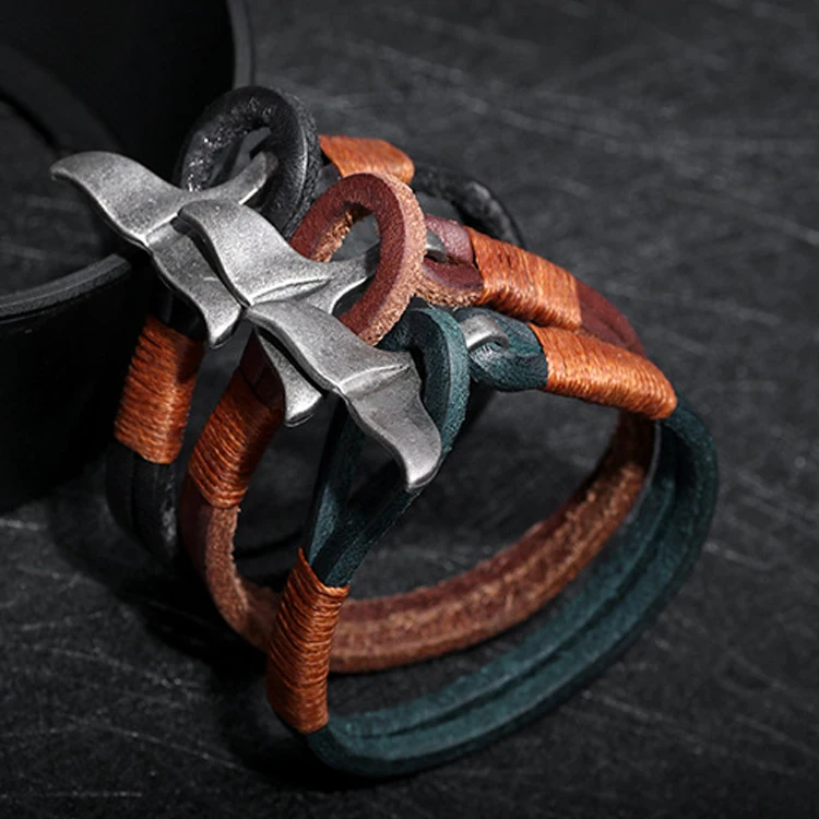 

New Arrival Mens Bracelet Leather Whale Braid Double Layer Anchor Whale Tail Bracelet, Picture