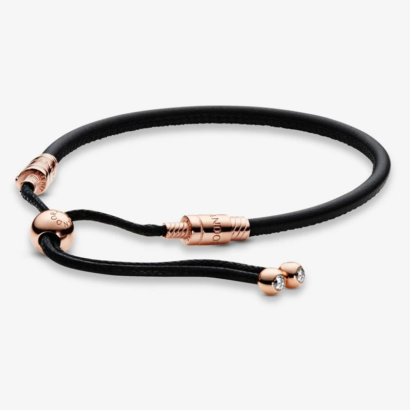 Wholesale jewelry factory Moments Black Leather Slider Bracelet 925 Sterling silver Charm Bracelets
