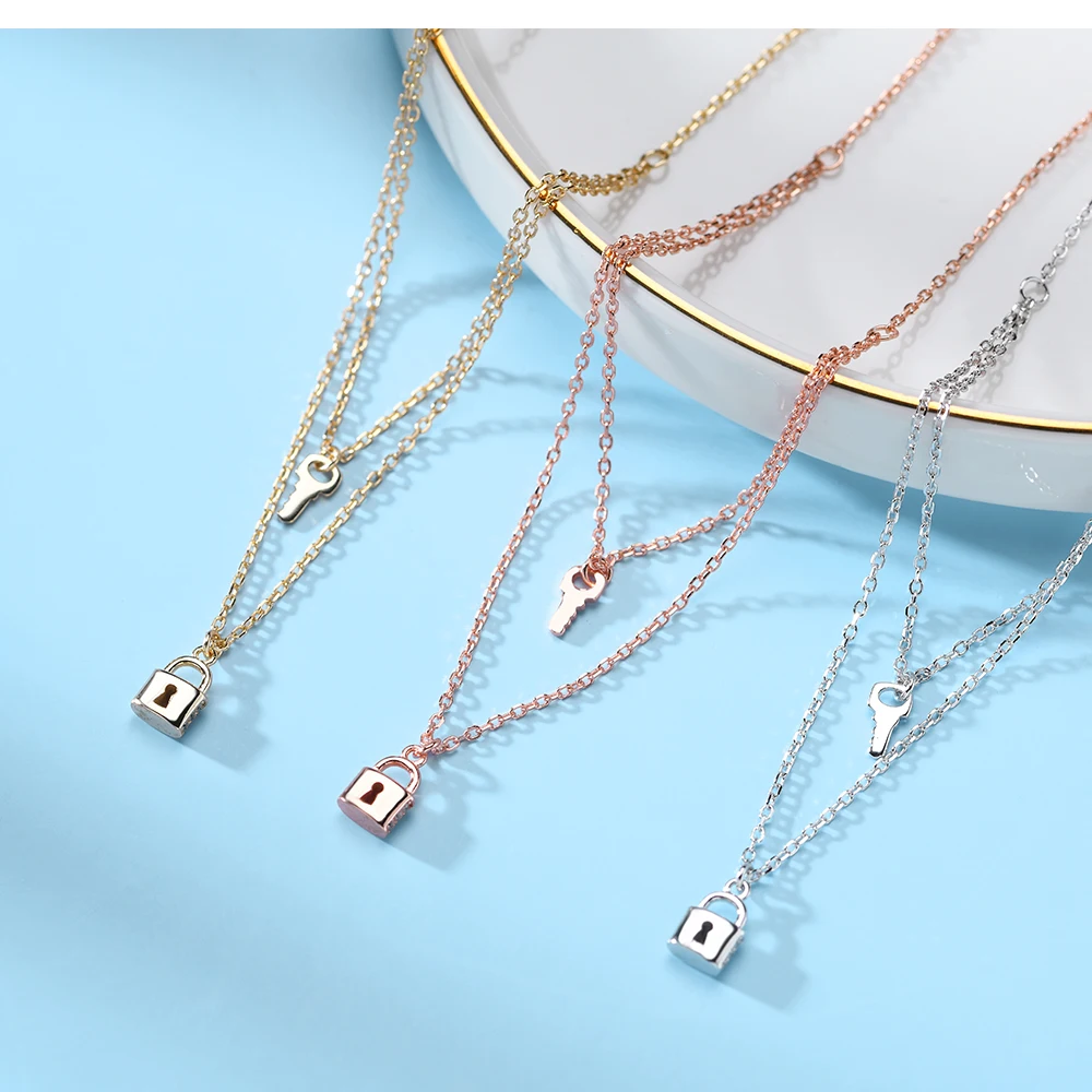 

Multilayer 925 Sterling Silver Jewelry Multi Layer Lock And Key Chain Double Layered Pendant Necklace For Women