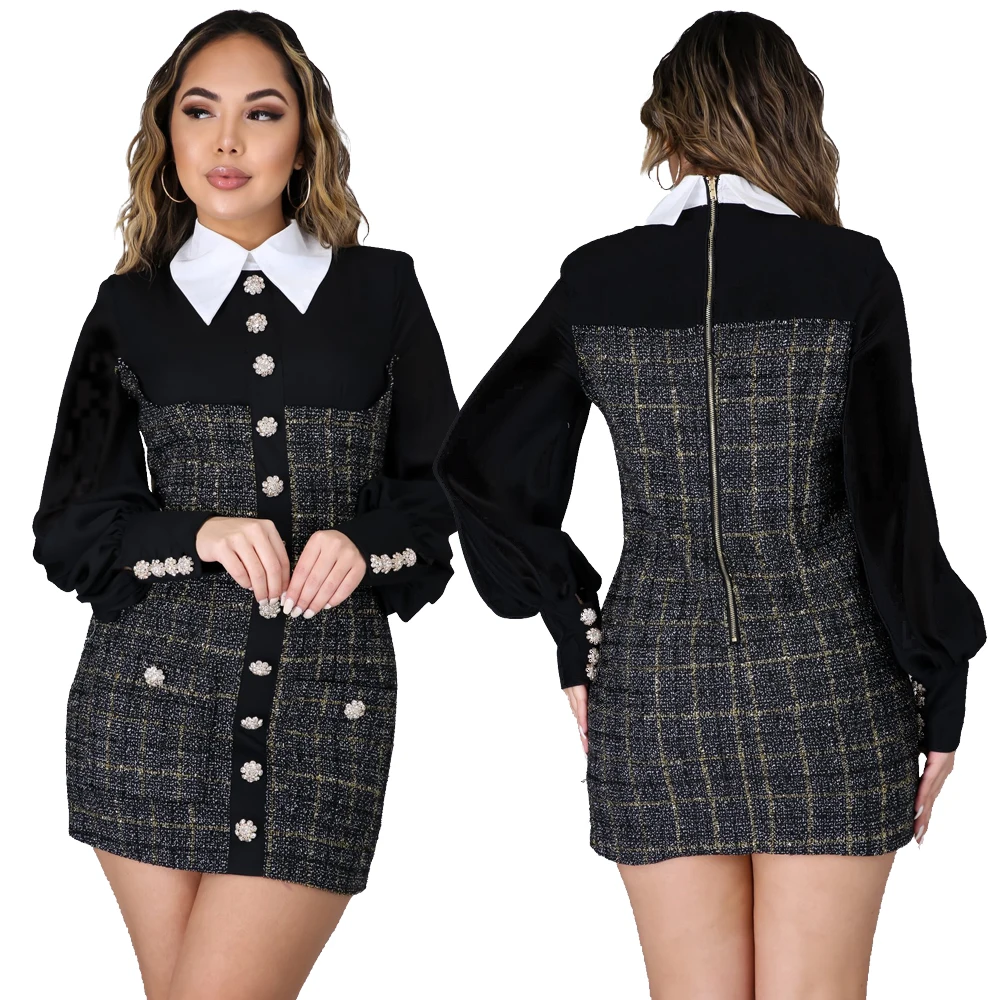 

2020 Ladies Cloth Back Zipped Single Button Plaid Dress Winter Hot Uniform Sexy Mini Dress