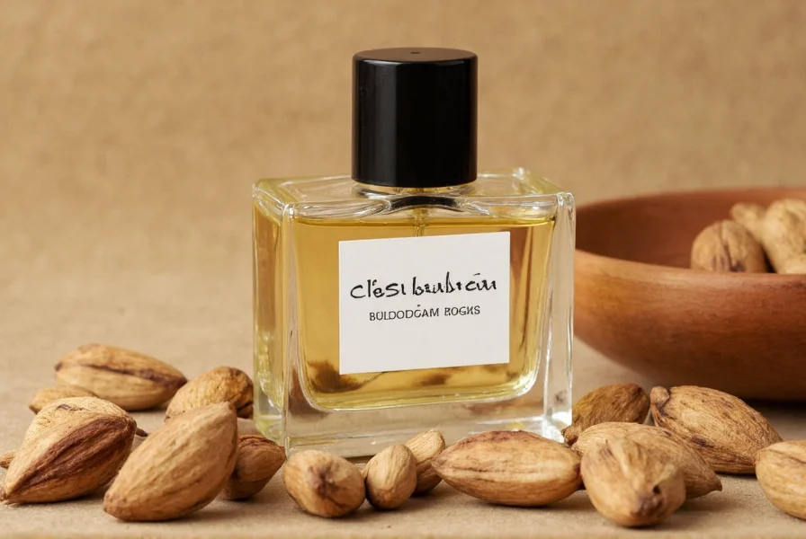 Close-up of green cardamom pods next to perfume bottle showing extraction process