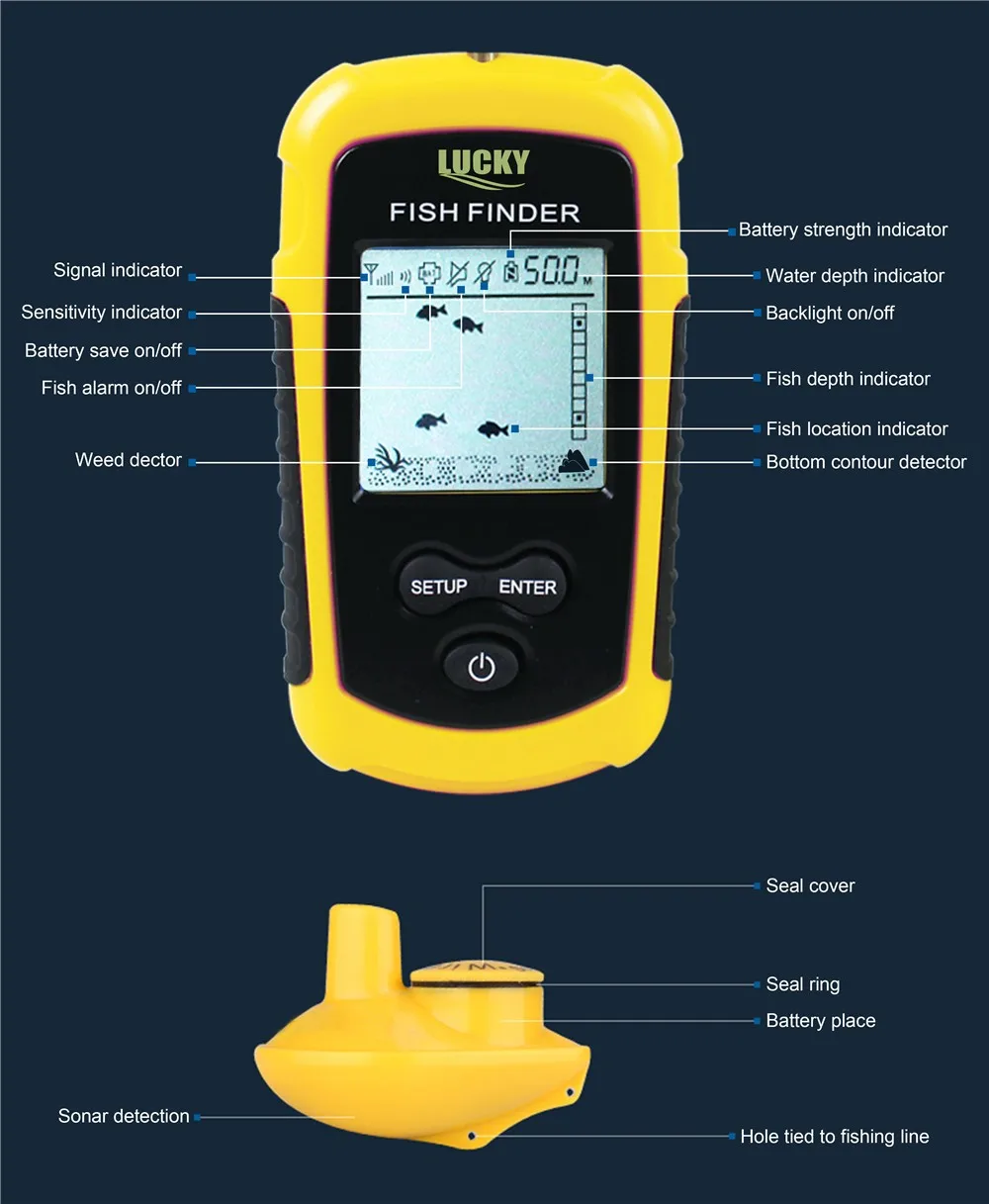 

Lucky FFW1108-1 Colorful Wireless Sonar Fish Finder Portable Fishing Accessories for Fishing, Yellow
