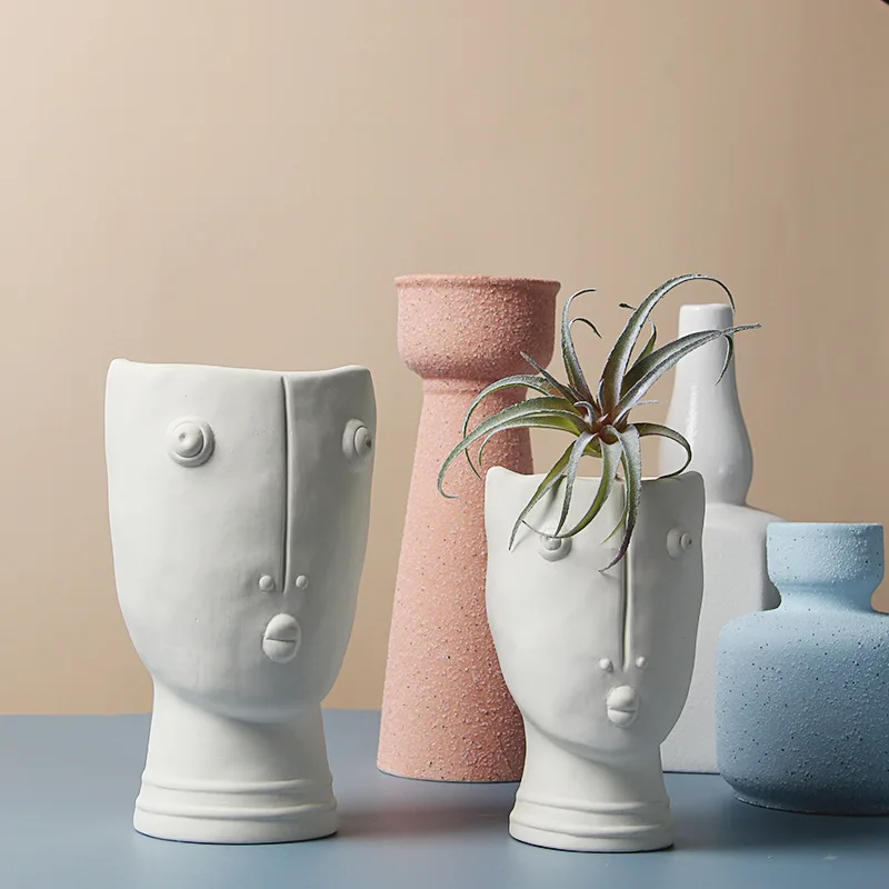 

Ceramic flowerpot DIY white hand-painted potted plants abstract face creative living room TV cabinet decorations, Customized color