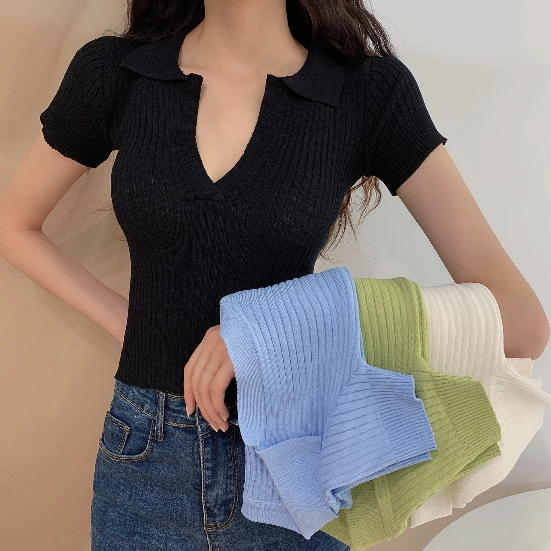 

Custom summer new design cheap new women's casual V-neck short sleeve knit bottom thin T-shirt top