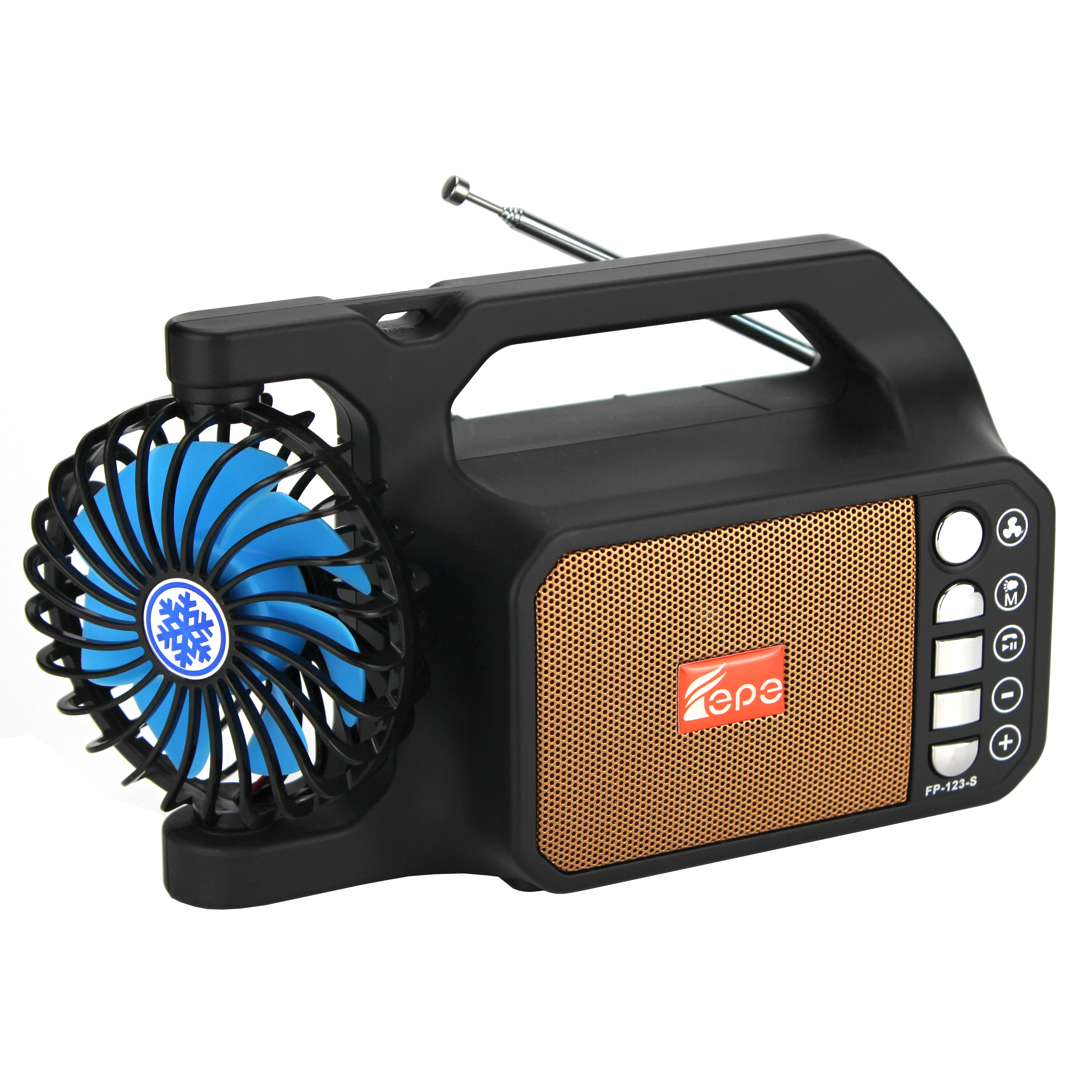 

FP-123-S Solar Table Fan Rechargeable FM Radio Portable Wireless Speaker With Fan Torch USB