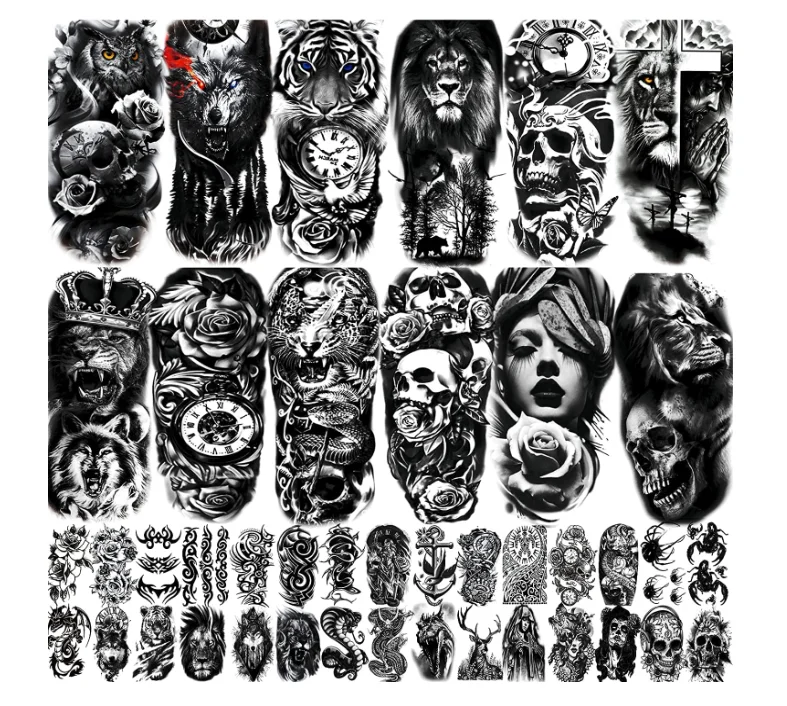 

42 Sheets Temporary Tattoo for Men Women Adults Include 12 Sheets Large Black 3D Realistic Tattoos Half Sleeve Temporary Tattoo