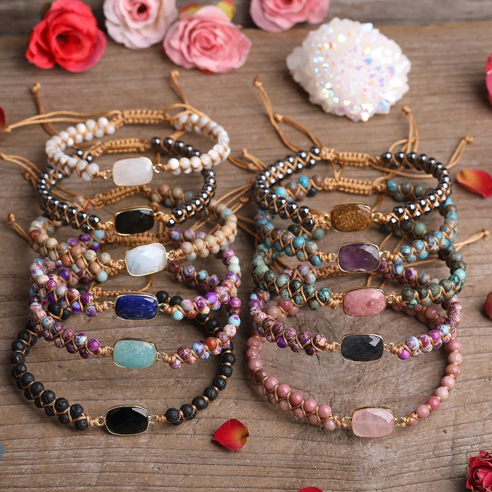 

Hot sale faceted gemstone connector braided two rows handmade bracelet