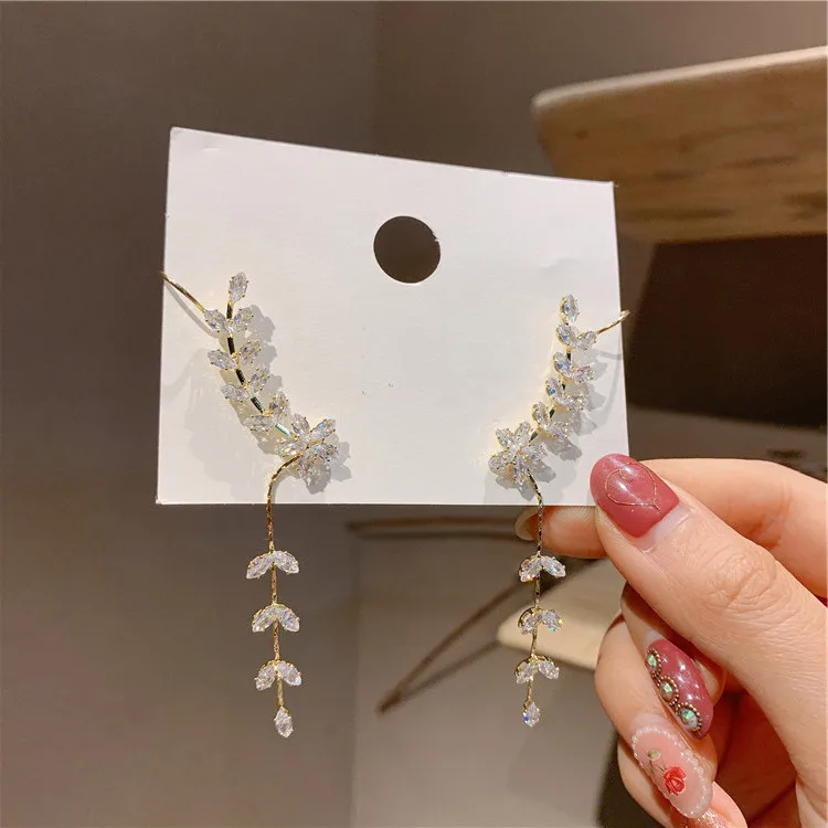 

Newest CZ Zirconia Crystal White Stone Leaf Long Drop Earrings for Elegant Women Bridal Wedding Jewelry Accessories, Gold