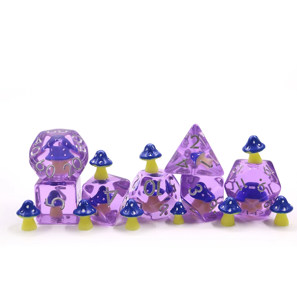 

Resin Dice D4 D6 D8 D10 D12 D20 D % 7pcs Polyheadral Purple Dice Set Inclusion Blue Mushroom For DND RPG Board Game