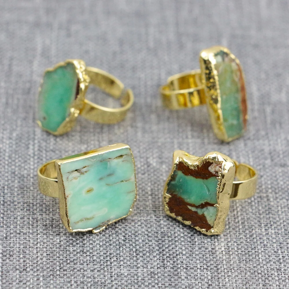 

LS-D1368 HOT Selling Natural Australian Jade Rings with Gold Plated Irregular Shapes Adjustable Size, Green