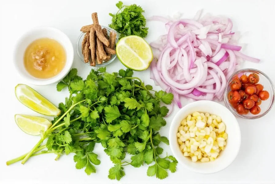 Various toppings for chili without tomatoes including onions, cilantro, and lime wedges