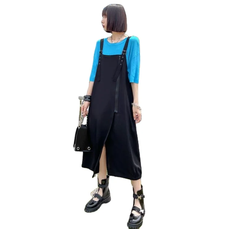 

Wholesale Plus Size Women's Suspender Dresses 2021 New Summer Loose Retro Split Design Japanese Temperament Casual Long Dress, Black