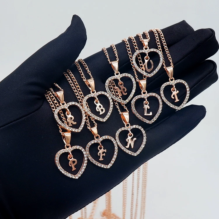 

gold diamond crystal love heart initial pendant letter Alphabet necklace for women girls, Picture