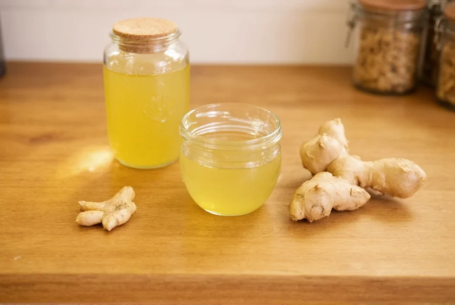 Fresh ginger root, sugar, and water arranged for homemade ginger syrup recipe