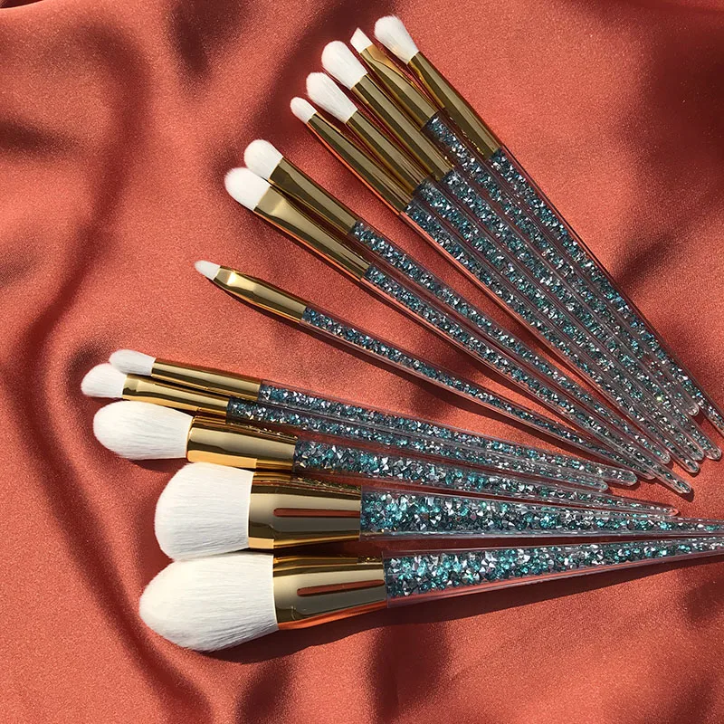 

high quality customized 13pcs blue glitter rhinestone glitter crystal private label quartz make up brush set