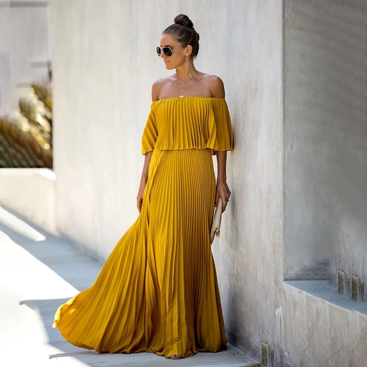 

Elegant Ladies Loose Mustard Off Shoulder Neckline Women Dresses Casual