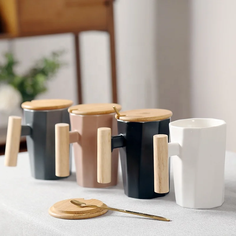 

Wholesale gift custom white coffee mug cup set customizable,nordic ceramic coffee mug with wood handle lid spoon logo ceramic, 4 color