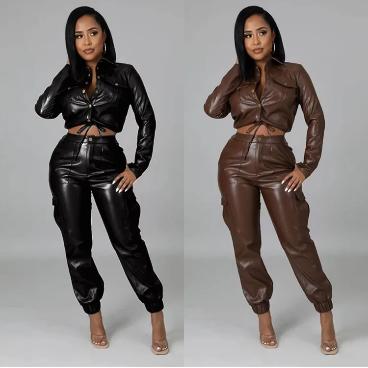 

Fashion New Arrivals 2022 Faux Leather Long Sleeve Jacket Jogger Pants Women Streetwear Clothing Pu Pant Two Piece Outfits Set