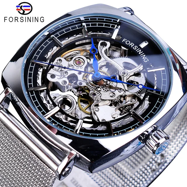 

Forsining Men Fashion Mechanical Watch For Men Square Automatic Skeleton Analog Slim Mesh Steel Luxury Band Watch Relojes Hombre, 8-colors