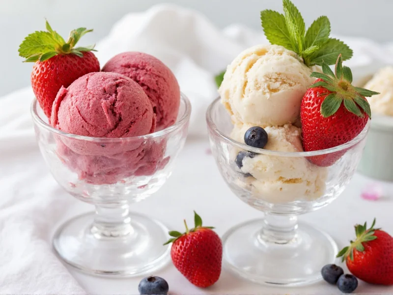Perfect ice cream scoops in vintage glass bowls with fresh berries