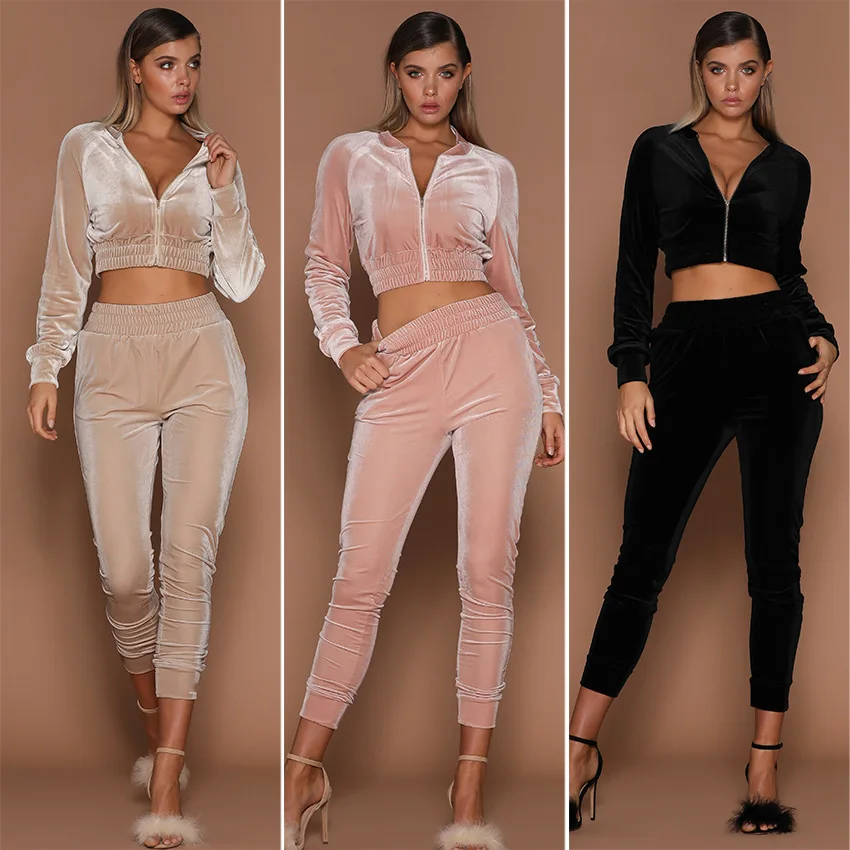 

FREE SAMPLE JHTH Velvet suit women's autumn and winter solid color zipper hoodie and sports trousers two-piece women