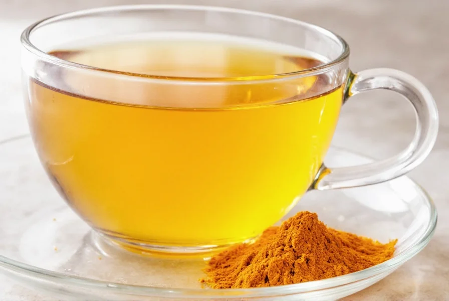 Turmeric root and prepared turmeric tea in a ceramic cup