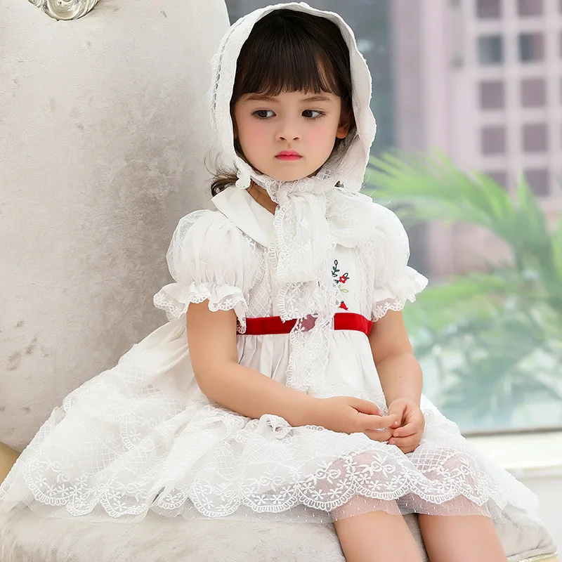 

2021 Girls Spanish Embroidery White Lace Dresses Baby Turkey Lotia Ball Gowns with Hats Children Birthday Party Clothes