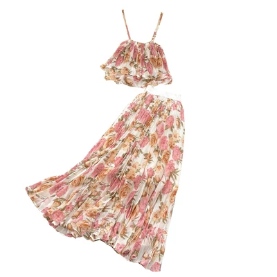 

One size set strap short top Heavy duty pressed pleated chiffon skirt Sweet Fragmented Flowers Two Piece Set