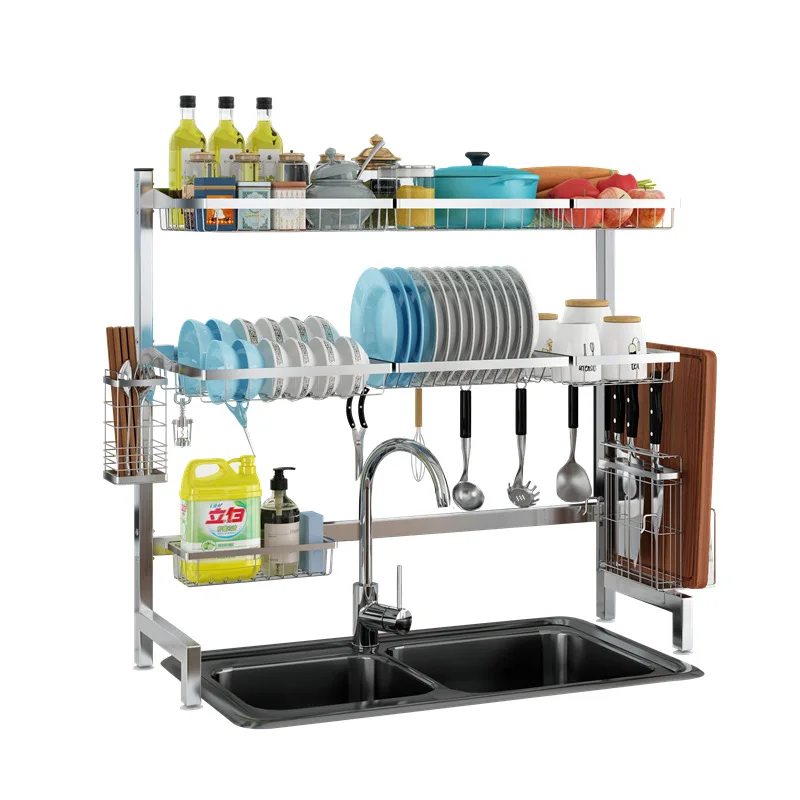 

kitchen stainless steel thickened sink rack tableware drain racks kitchen organizer foldable dish drainer kitchen shelf, Silver