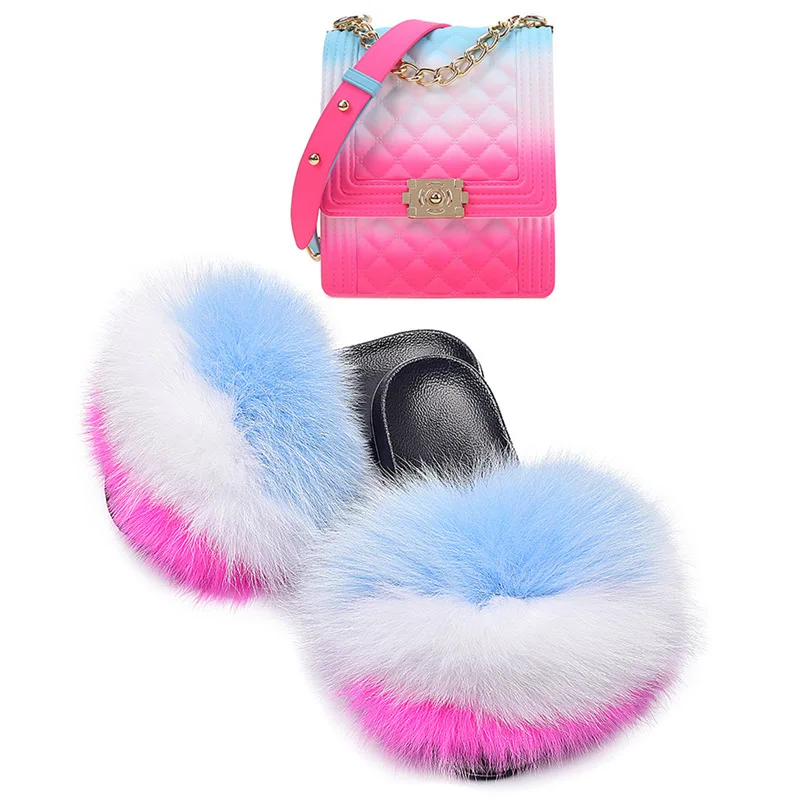 

Slippers for Women Indoor Slippers for Women 2021 The New Fox Fur Slippers Are Paired With A Colorful Jelly Bag Suit