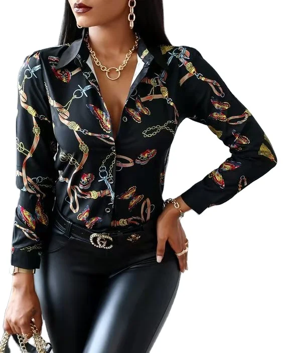 

New Tops Casual Streetwear 2021 Women's Blouse Fashion Sexy Floral Printed Blouse ladies Elegant V-Neck Loose Long Sleeve Shirts