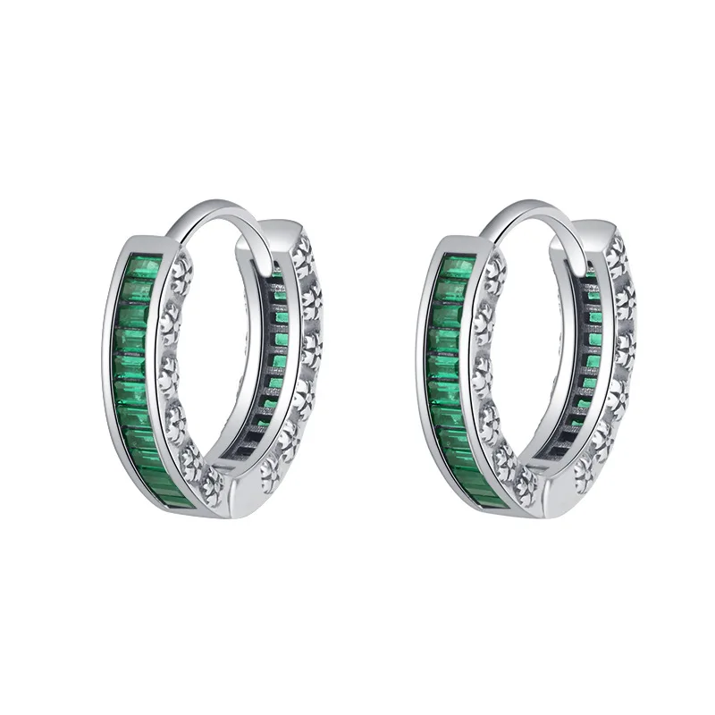 

High Grade 925 Sterling Silver Emerald Cut Earrings huggie Green 5A Cubic Zirconia Full Diamond Eternity Hoop Earrings