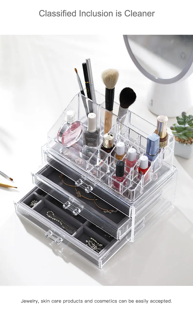 Acrylic Multi-function Plastic Make up Organizer Large Capacity Cosmetic Makeup Tabletop Storage Organizer Box With Drawers