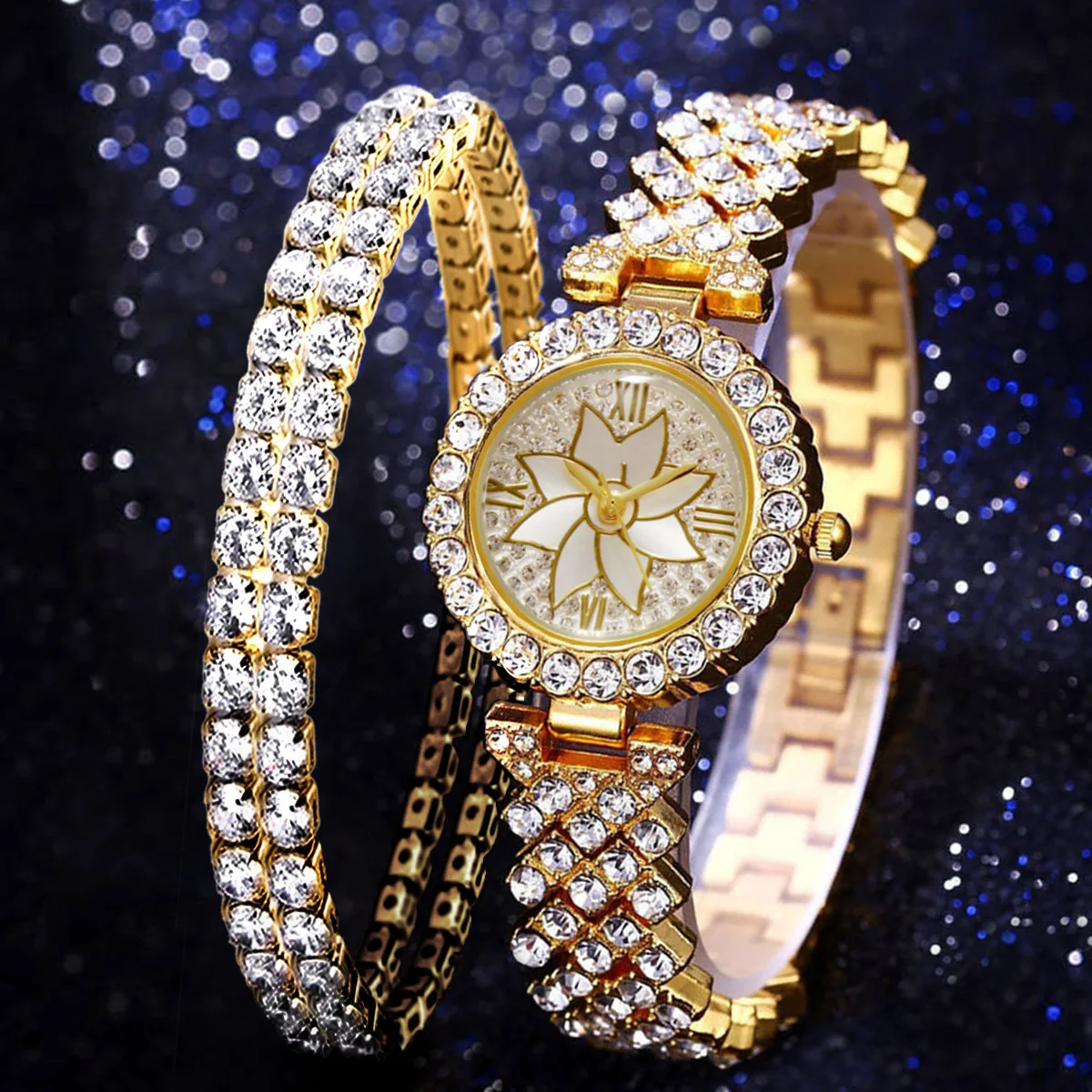 

2021 Fashion Bling Full Rhinestone Diamond Luxury Iced Out Women's Quartz Diamond Bracelet Watch With Bracelet Set