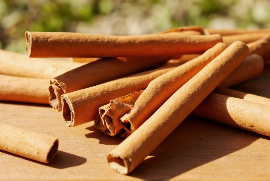 Close-up of cinnamon quills drying in sunlight on wooden surface