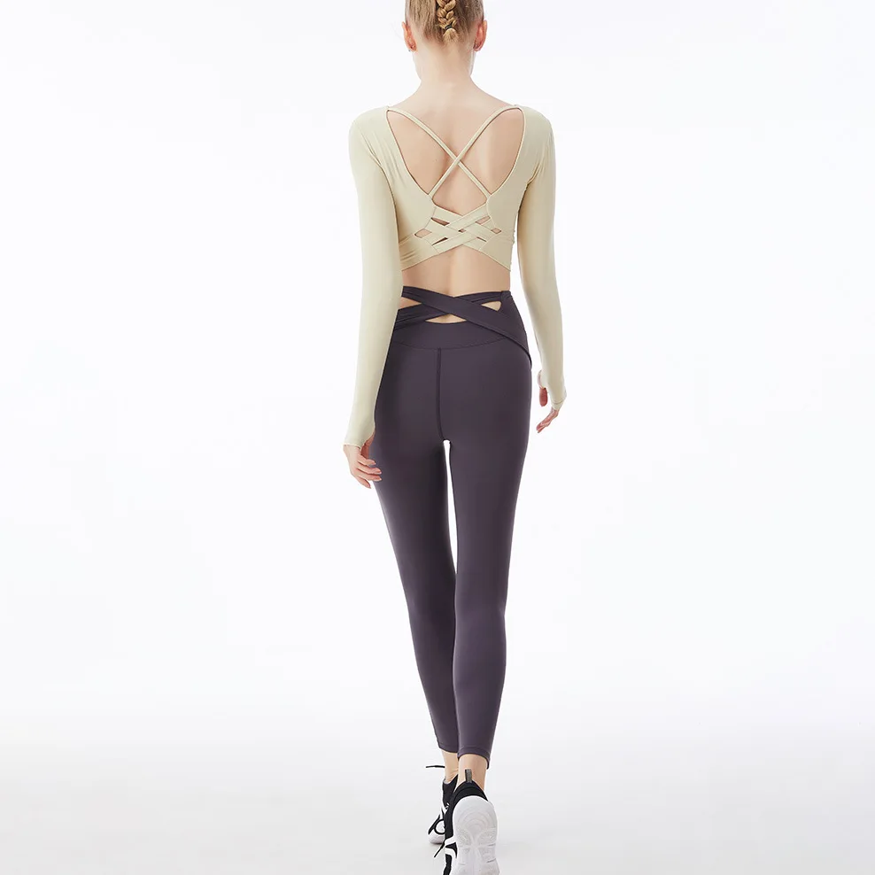 

women long sleeve top yoga pants and bra 2pcs tight-fitting two-piece yoga set