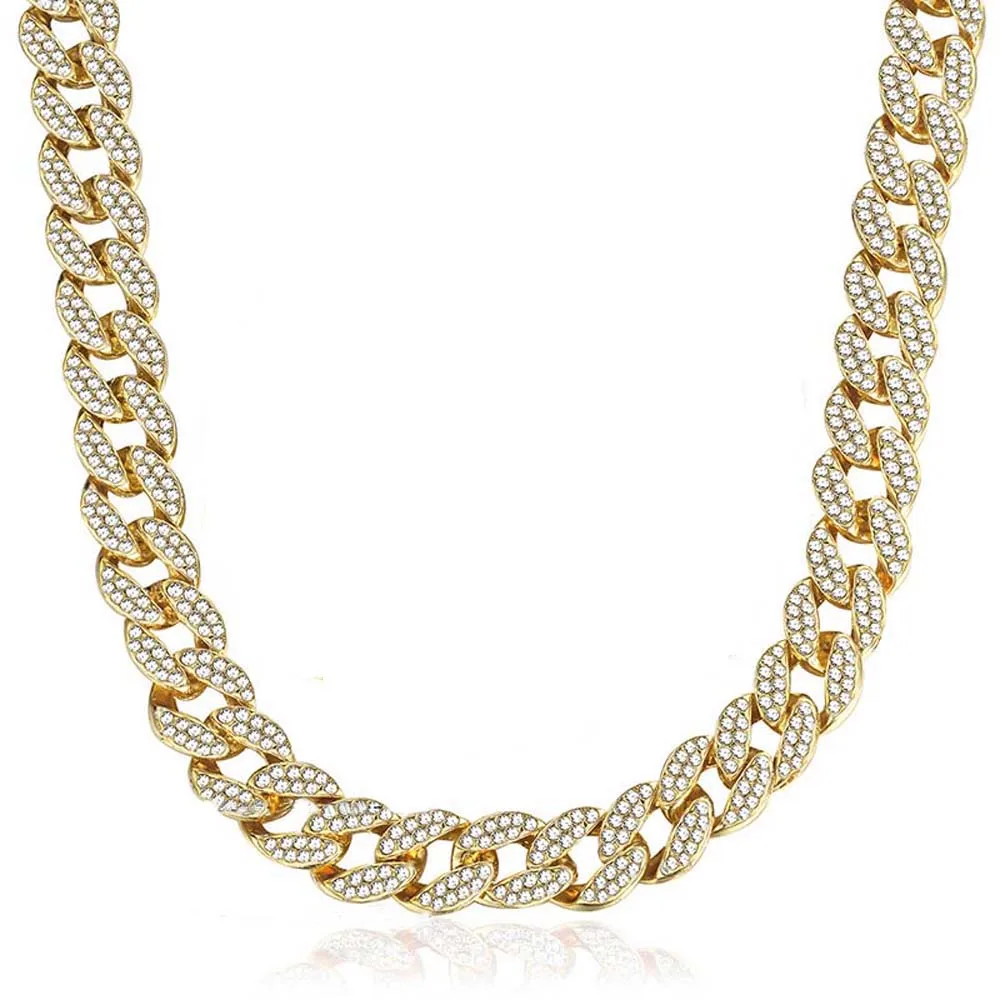 

Hip Hop Jewelry 12mm Iced Out CZ 18K Gold Plated Diamond Necklace Cuban Link Chain