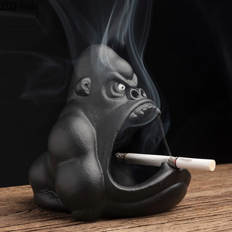 

Ceramic Cartoon Animal Ashtray Orangutan Anti-Ash Car Large Capacity Ashtray Living Room Office Decoration Gift, Black