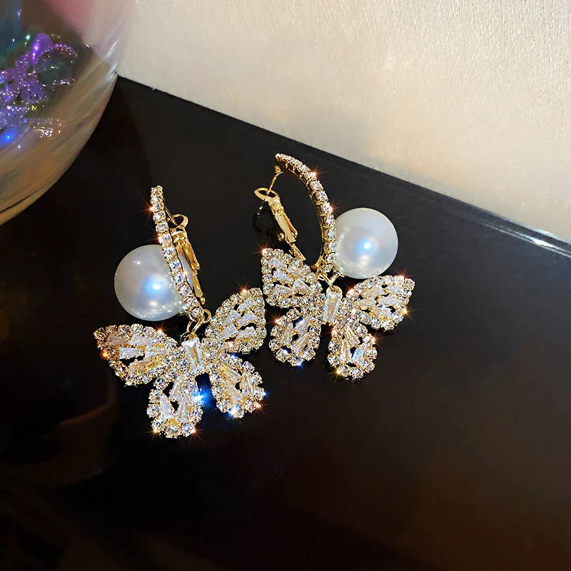 

925 Silver Post 18k Gold Plated Full Crystal CZ Butterfly Clip Earrings Pearl Cubic Zircon Butterfly Clip on Earrings