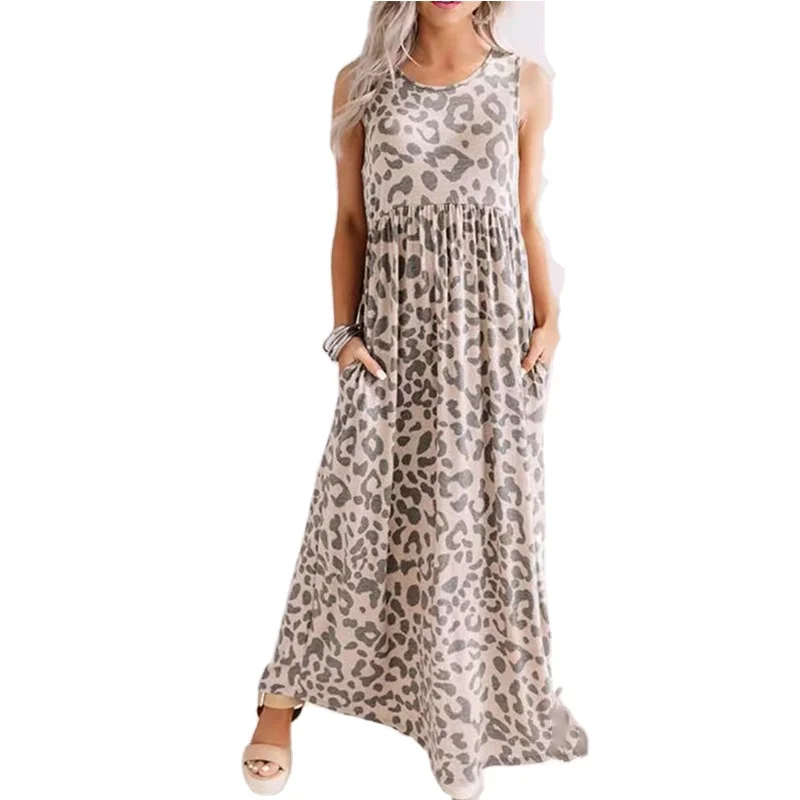 

Women Sleeveless Leopard Print Round Neck Dress With Pockets