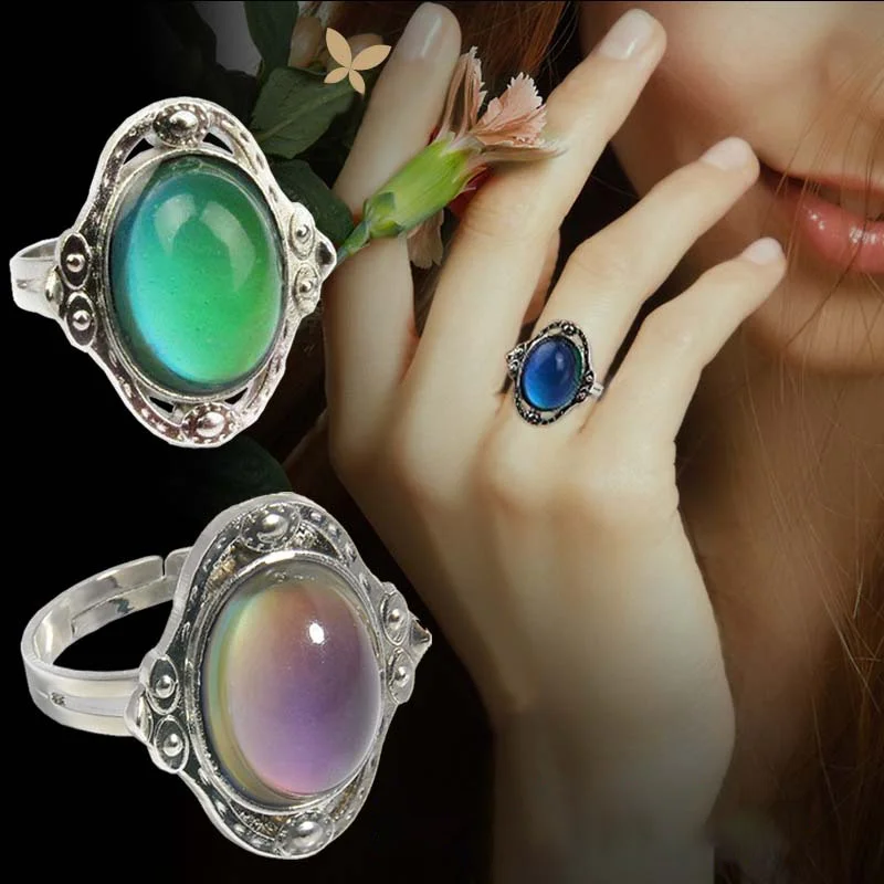 

Hot selling custom high quality stainless steel ring with thermochromic quartz for women thermal gemstone mood ring wholesale