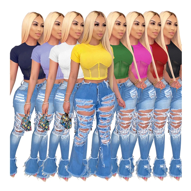 

Z274-2020 women fashion knit rib mesh patchwork crop tops women blouse