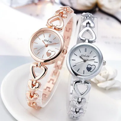 

Simple Love Pattern Dial Heart Shape Bracelet Watches Women Fashion Watch 2018 Skeleton Pointer Quartz Wrist Watch Woman, Gold.silver