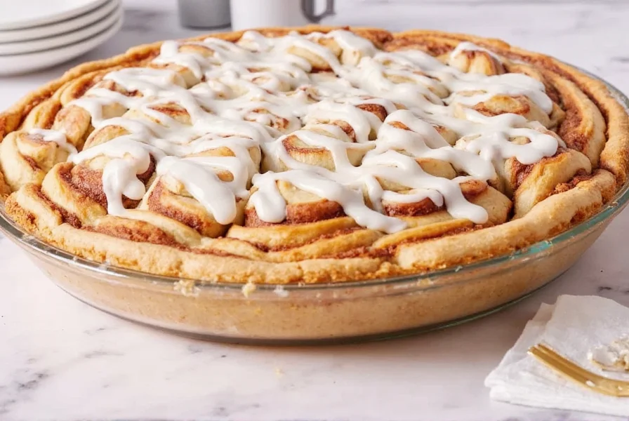 Finished cinnamon roll pie with cream cheese glaze drizzle