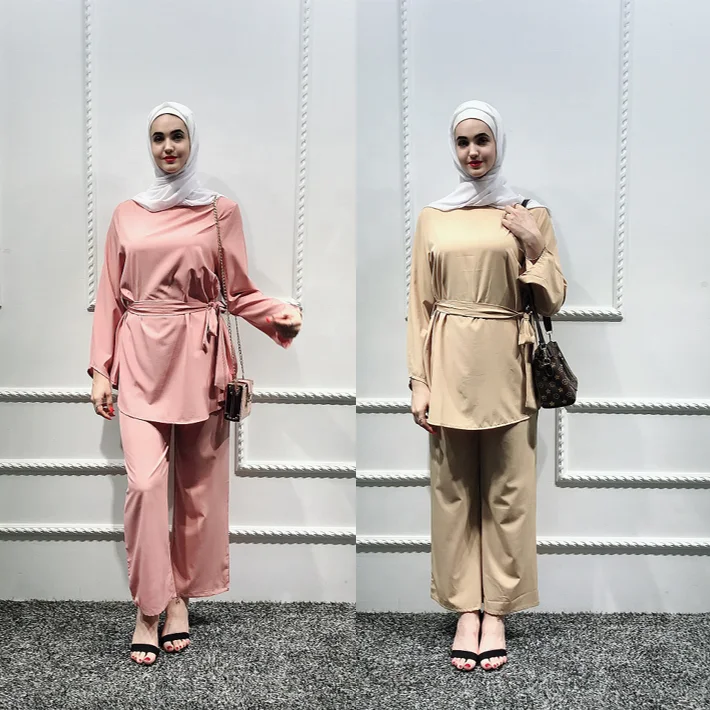 

2019 new arrival women 2pcs top pant with belt dubai muslim dress abaya islamic abaya, Beige, pink