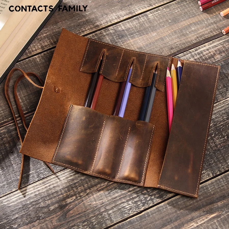 

School Supplies Genuine Leather Vintage Luxury Pencil Roll Up Bag Pencil Case Storage Pouch Holder Boys Girls Student Stationery