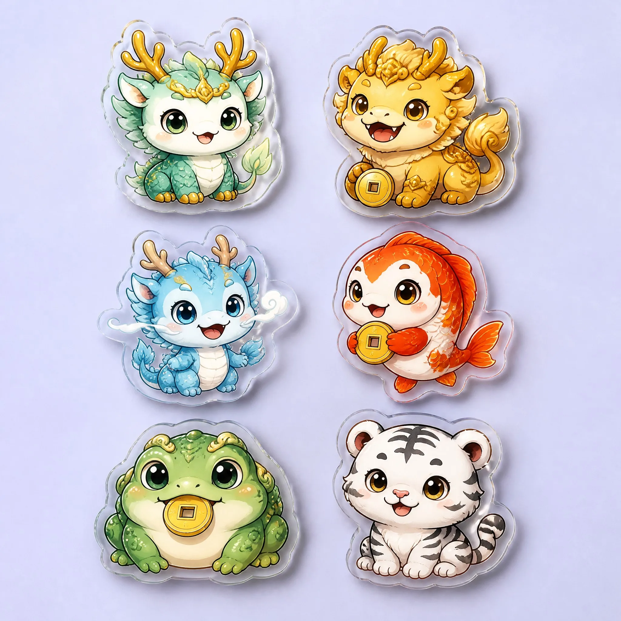 6 Auspicious Chinese Mythological Beasts: Jade Dragon, Golden Pixiu, Azure Cloud Dragon, Lucky Koi Fish, Money Toad Jin Chan, White Tiger Baihu