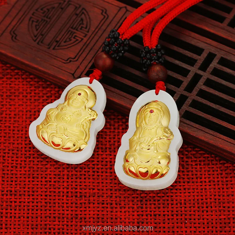 

Gold Inlaid Jade 4D Pure Gold Hetian White Guanyin Buddha Pendant Couples Men And Women Shopping Mall Source