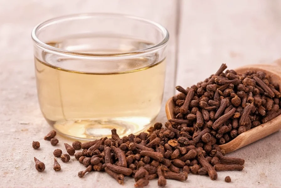 Proper preparation method for clove water showing whole cloves steeping in clear glass container